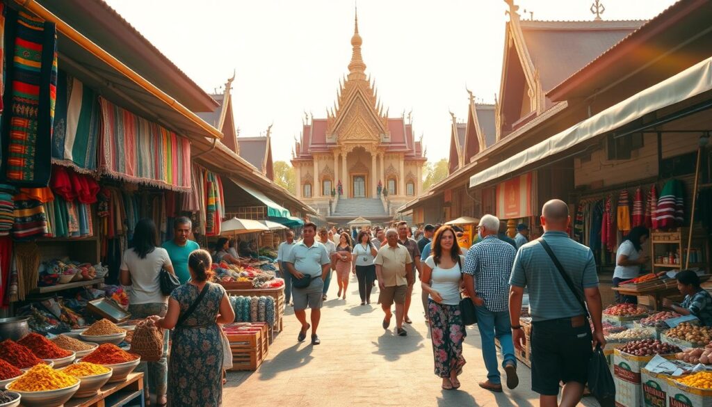 A bustling landscape of vibrant tourism in Riau, Indonesia. In the foreground, a lively street market with local artisans showcasing their handcrafted wares, vibrant textiles, and fragrant spices. In the middle ground, a group of tourists exploring the scene, interacting with the friendly vendors. In the background, a grand, ornate palace or temple, its intricate architecture and gilded details reflecting the rich cultural heritage of the region. Warm, golden sunlight filters through, casting a serene, inviting atmosphere. Crisp, high-resolution imagery captured with a wide-angle lens to encompass the full scope of this thriving tourism hub.