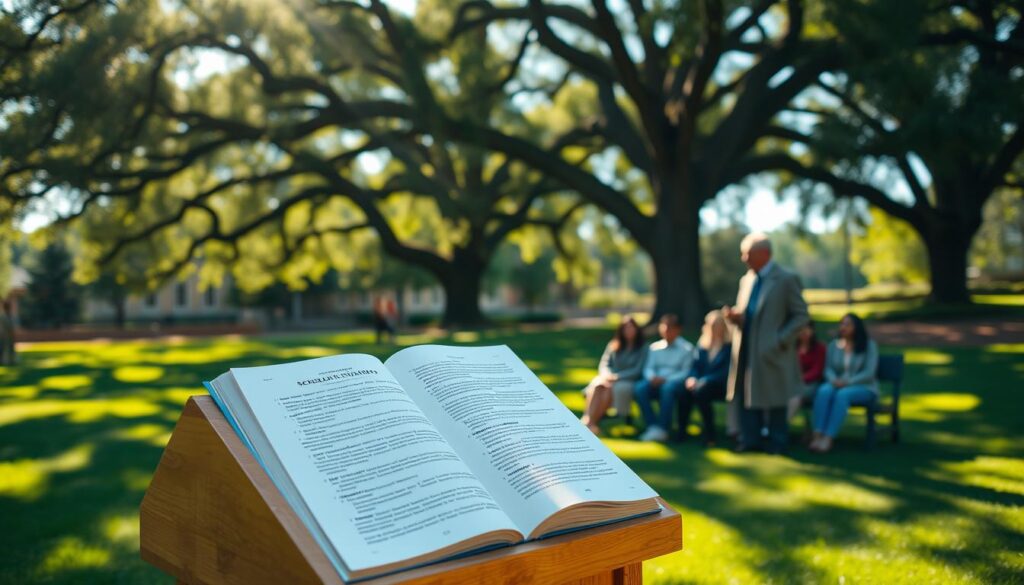 A college campus lawn on a sunny day, lush green grass and towering oak trees in the background. In the foreground, a wooden podium with an open book resting on it, representing the requirements and guidelines for a university scholarship program. Sunlight filters through the leaves, casting a warm, inviting glow over the scene. A group of diverse, attentive students sit on benches, listening intently as a professor in a tweed jacket stands beside the podium, explaining the scholarship criteria. The atmosphere is one of academic rigor, opportunity, and the promise of higher education.