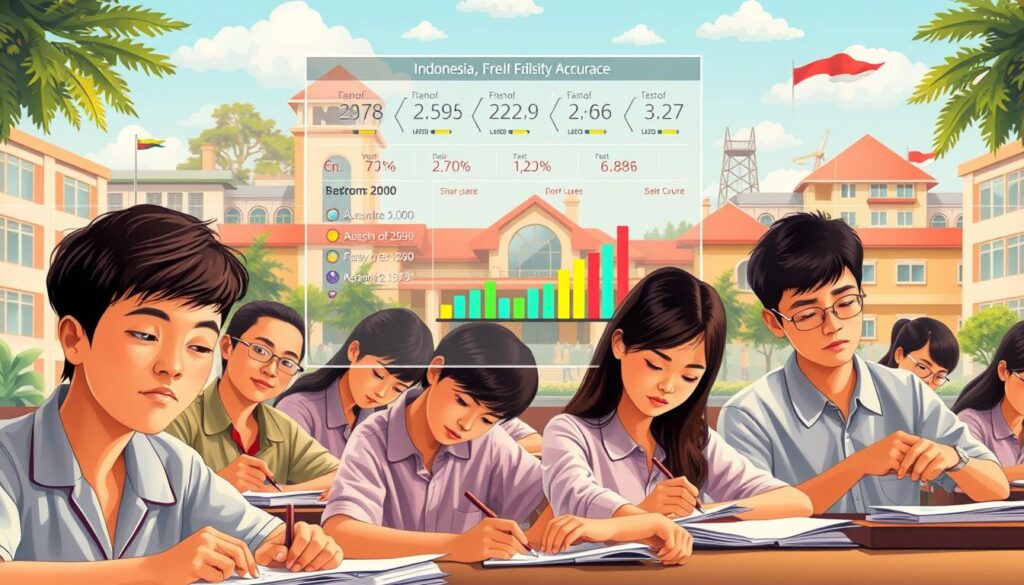 A detailed illustration showcasing the academic performance and field of study accuracy, set against a backdrop of a modern Indonesian school. In the foreground, a group of students diligently taking an exam, their faces focused and determined. The middle ground features a data visualization dashboard displaying test scores and subject-specific proficiency levels. In the background, a collage of school buildings, classrooms, and educational resources, all bathed in warm, natural lighting. The overall atmosphere conveys a sense of scholastic achievement, precision, and the pursuit of knowledge within the Indonesian educational system.