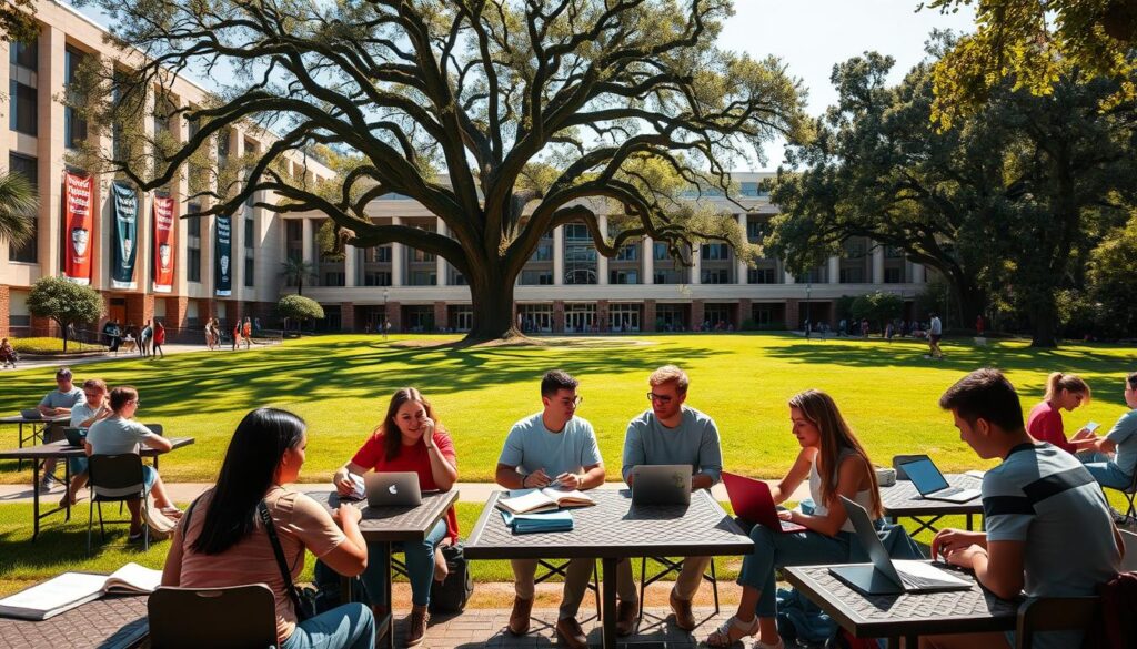 A sunlit university campus, with students studying intently at outdoor tables, their books and laptops spread out before them. In the foreground, a group of students animatedly discuss scholarship opportunities, their expressions hopeful. The middle ground features a large, modern academic building, its facade adorned with banners highlighting financial aid programs. In the background, a grassy quad with towering oak trees, a tranquil setting that promotes focused learning. The scene is captured with a wide-angle lens, conveying a sense of expansive potential and abundant educational resources. The overall mood is one of academic vibrancy, opportunity, and the support systems in place to empower student success.