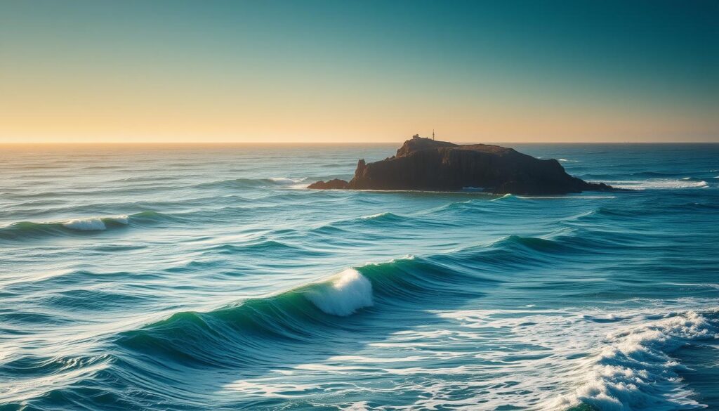 A vast, azure expanse of the ocean, captured in stunning detail. In the foreground, a series of undulating waves crash against the shoreline, their rhythmic motion frozen in time. The waves, rendered with intricate textures and dynamic lines, convey the power and energy of the sea. In the middle ground, a rocky outcrop juts out, casting long shadows that play across the water's surface, creating a sense of depth and dimension. The background features a distant horizon, where the sky seamlessly blends with the ocean, creating a serene and harmonious landscape. The lighting is soft and diffused, casting a warm, golden glow that illuminates the scene, evoking a sense of tranquility and awe. The overall composition is balanced and visually striking, capturing the essence of the ocean's beauty and the underlying physics that govern its behavior.