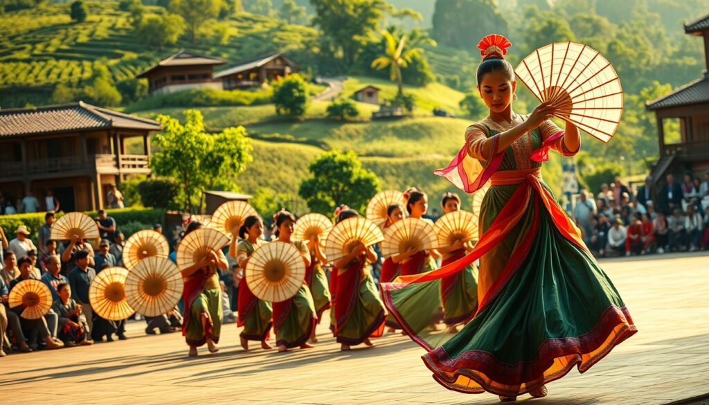 A vibrant, dynamic scene of a traditional fan dance performance. In the foreground, a graceful dancer in a colorful, flowing costume twirls and swirls, their elegant hand movements accentuated by the rhythmic fluttering of a delicate, hand-painted fan. The middle ground is filled with a troupe of supporting dancers, each moving in perfect synchronization, their fans creating a mesmerizing visual display. The background is a lush, verdant landscape, perhaps a village square or outdoor stage, with traditional architecture and spectators watching in rapt attention. The lighting is warm and natural, casting a soft, golden glow over the entire scene and heightening the sense of cultural authenticity. The overall mood is one of cultural pride, artistic mastery, and the enduring power of local traditions to captivate and inspire.