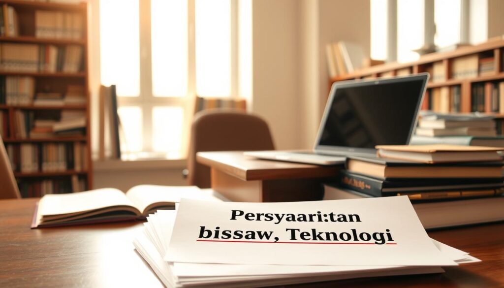 A well-lit academic setting with a wooden desk, books, and a laptop computer. In the foreground, a stack of papers labeled "Persyaratan Beasiswa Teknologi" sits prominently, conveying the key focus of the scene. The background features a bookshelf filled with technical volumes and a large window that bathes the scene in warm, natural light, creating a contemplative and studious atmosphere. The overall composition suggests a thoughtful, research-driven approach to understanding the requirements for a technology scholarship.
