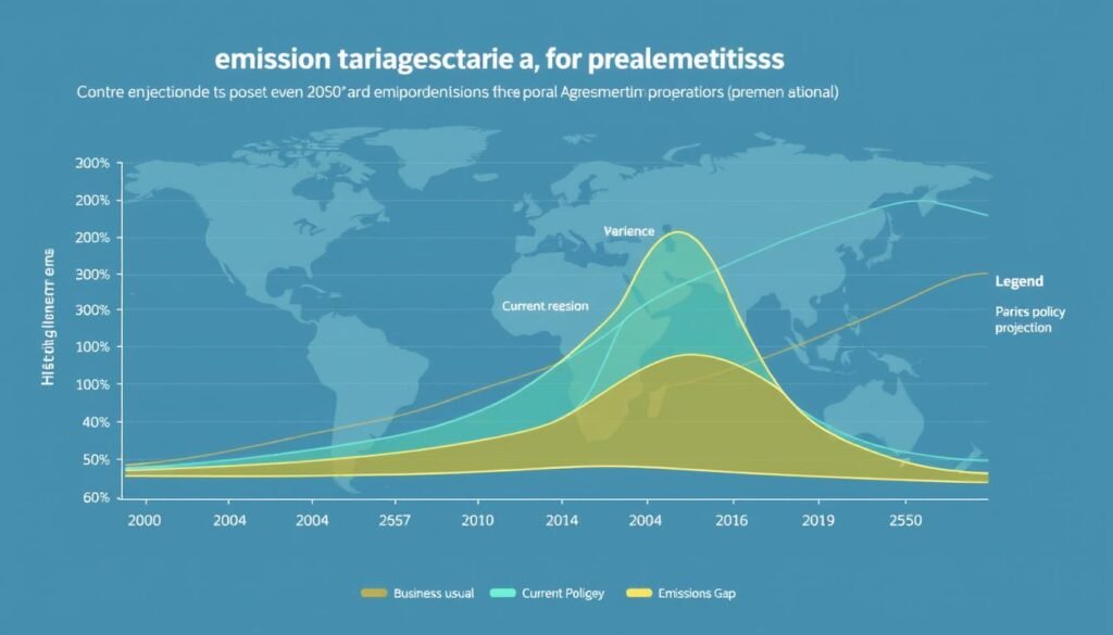 Grafik tren emisi global dan proyeksi berdasarkan berbagai skenario implementasi Perjanjian Paris Grafik tren emisi global dan proyeksi berdasarkan berbagai skenario implementasi Perjanjian Paris