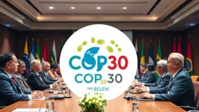 Ilustrasi COP30 dan Diplomasi Iklim dengan logo resmi konferensi di Belém, Brasil