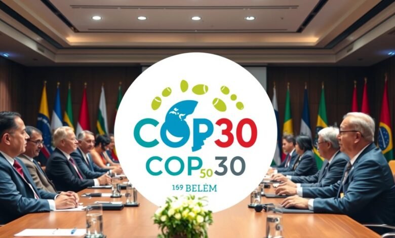 Ilustrasi COP30 dan Diplomasi Iklim dengan logo resmi konferensi di Belém, Brasil
