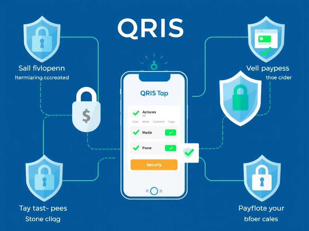 Ilustrasi fitur keamanan QRIS Tap dengan elemen enkripsi dan verifikasi Ilustrasi fitur keamanan QRIS Tap dengan elemen enkripsi dan verifikasi