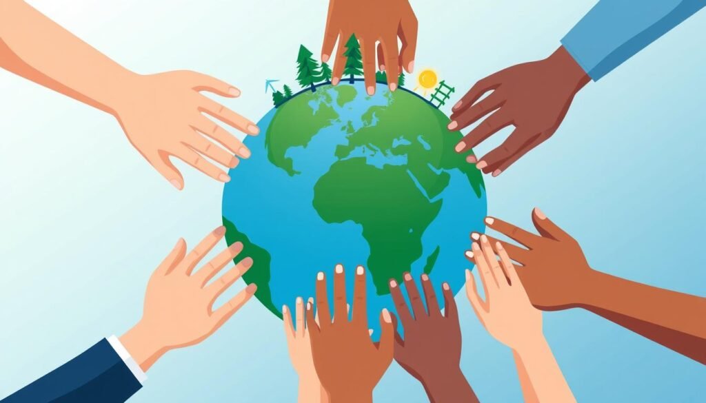Ilustrasi kerjasama global dalam diplomasi iklim menuju masa depan berkelanjutan Ilustrasi kerjasama global dalam diplomasi iklim menuju masa depan berkelanjutan
