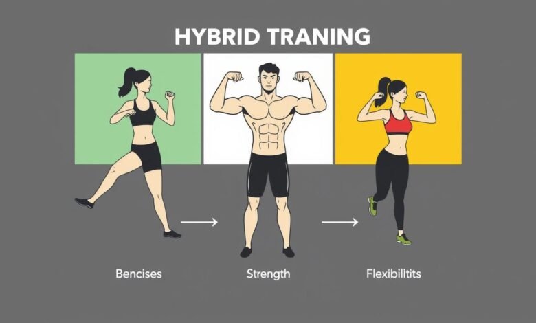 Ilustrasi manfaat latihan hibrid yang menunjukkan peningkatan kekuatan, daya tahan, dan fleksibilitas