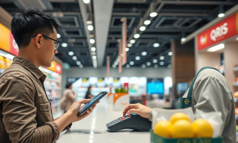 Ilustrasi penggunaan QRIS Tap di kasir modern dengan pelanggan mendekatkan ponsel ke terminal pembayaran