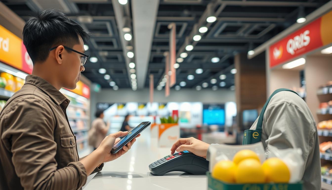Ilustrasi penggunaan QRIS Tap di kasir modern dengan pelanggan mendekatkan ponsel ke terminal pembayaran
