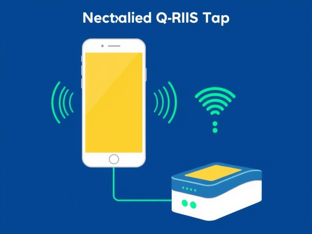 Ilustrasi teknologi NFC pada QRIS Tap dengan visualisasi gelombang koneksi antara ponsel dan terminal pembayaran Ilustrasi teknologi NFC pada QRIS Tap dengan visualisasi gelombang koneksi antara ponsel dan terminal pembayaran