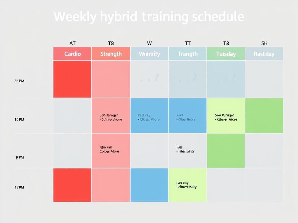 Jadwal latihan hibrid mingguan dengan pembagian hari untuk kardio, kekuatan, dan fleksibilitas Jadwal latihan hibrid mingguan dengan pembagian hari untuk kardio, kekuatan, dan fleksibilitas