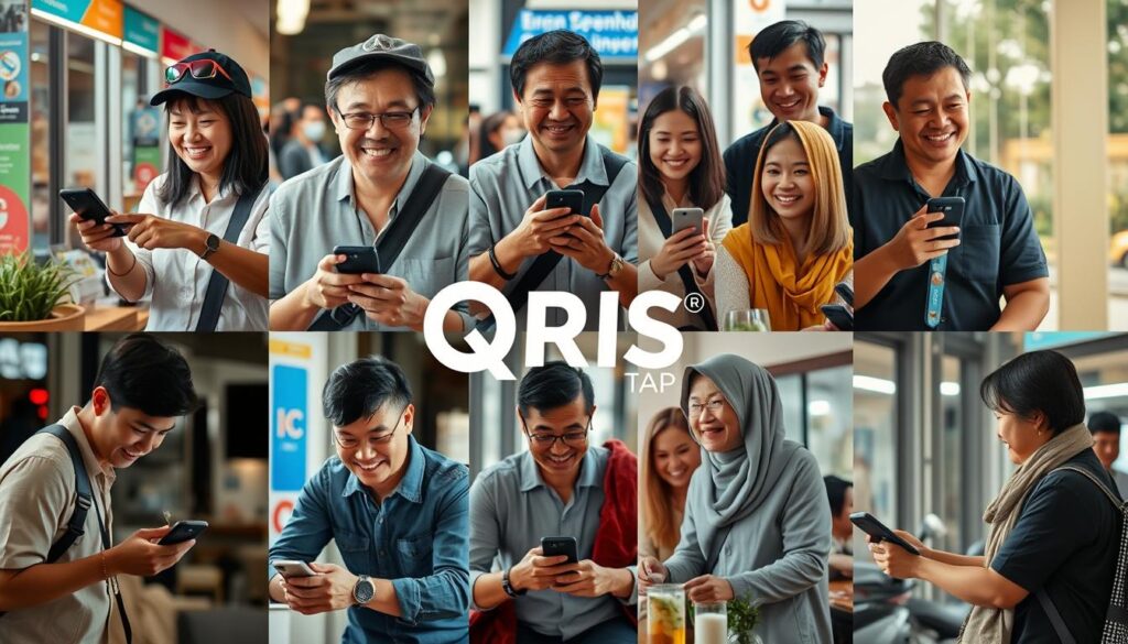 Orang-orang menggunakan QRIS Tap di berbagai situasi dengan ekspresi puas Orang-orang menggunakan QRIS Tap di berbagai situasi dengan ekspresi puas