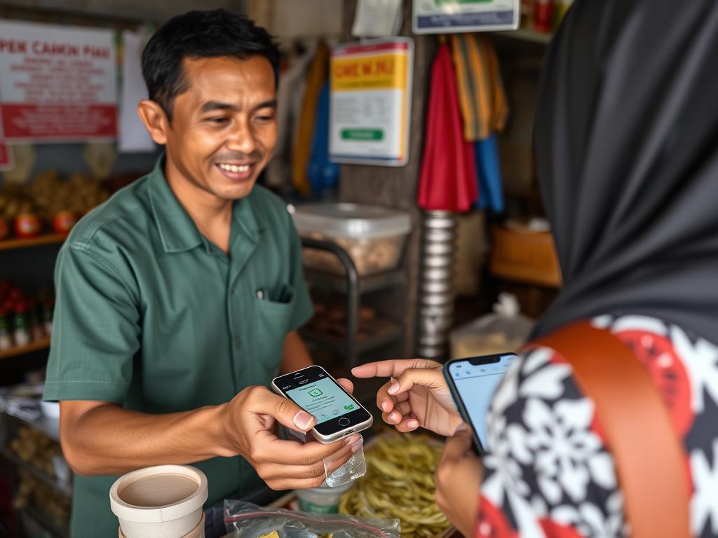 Pedagang UMKM menggunakan QRIS Tap untuk menerima pembayaran Pedagang UMKM menggunakan QRIS Tap untuk menerima pembayaran