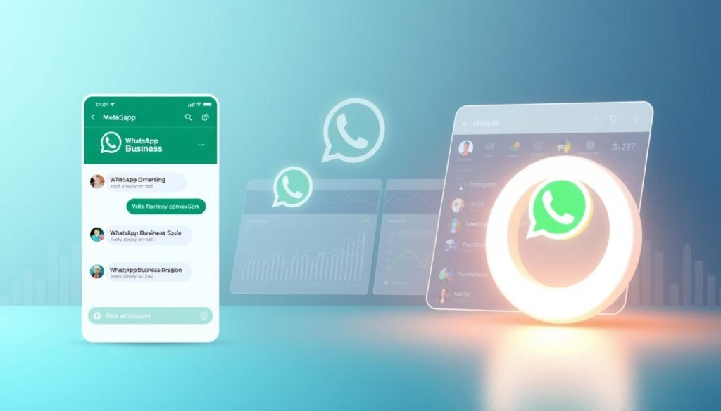 A high-quality digital illustration showcasing the key features of WhatsApp Business and Meta AI integration for driving conversions. In the foreground, a clean and modern user interface depicting a WhatsApp Business chat window, with message bubbles, icons, and intuitive controls. In the middle ground, dynamic data visualizations and analytics dashboards, highlighting insights and performance metrics. In the background, a subtle and stylized representation of the Meta (Facebook) logo, symbolizing the seamless integration between the two platforms. The scene is illuminated by soft, diffused lighting, creating a professional and polished aesthetic. The overall composition conveys the power of leveraging WhatsApp Business and Meta AI technologies to optimize online sales and marketing strategies.