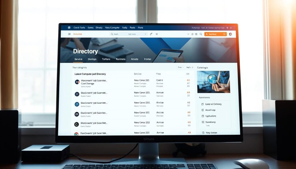 A neatly organized directory of the latest computer system job openings in Indonesia, displayed on a crisp, modern computer screen. The sleek user interface features clean typography, subtle gradients, and intuitive icons that guide the viewer through different service categories. Warm, natural lighting bathes the scene, creating a sense of professionalism and approachability. The overall composition conveys a well-curated, informative experience tailored for job seekers in the Indonesian computer systems industry.