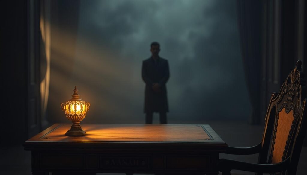 A serene, dimly lit interior with an ornate wooden desk and chair in the foreground. On the desk, a glowing golden amanah, a symbol of trust and responsibility, casts a warm glow across the scene. In the middle ground, a figure stands in contemplation, their face obscured, representing the weight of the amanah they carry. The background fades into a hazy, dreamlike quality, suggesting the spiritual and philosophical nature of the concept of amanah. Soft, diffused lighting illuminates the scene, creating a sense of reverence and introspection. A serene, dimly lit interior with an ornate wooden desk and chair in the foreground. On the desk, a glowing golden amanah, a symbol of trust and responsibility, casts a warm glow across the scene. In the middle ground, a figure stands in contemplation, their face obscured, representing the weight of the amanah they carry. The background fades into a hazy, dreamlike quality, suggesting the spiritual and philosophical nature of the concept of amanah. Soft, diffused lighting illuminates the scene, creating a sense of reverence and introspection.
