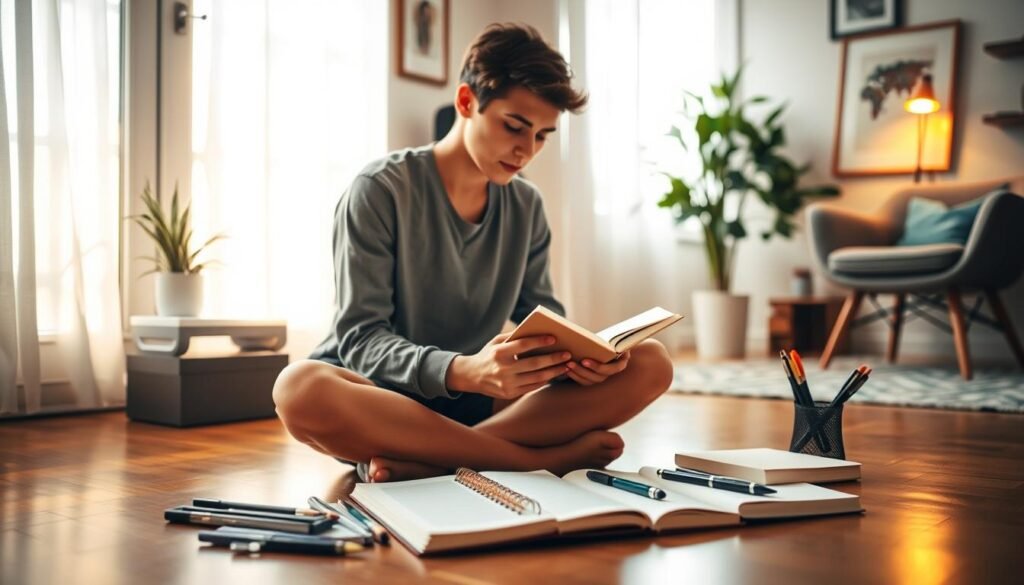 A serene, well-lit scene of a person engaged in self-development through soft skills training. In the foreground, a young professional sits cross-legged on a wooden floor, intently focused on a book or laptop, their face illuminated by a warm, natural light from a nearby window. In the middle ground, various office supplies and personal growth resources, such as pens, notebooks, and motivational quotes, are neatly arranged, creating a sense of organization and intentionality. The background depicts a cozy, minimalist workspace, with plants, artwork, and a comfortable chair, suggesting a nurturing environment conducive to personal and professional growth. The overall mood is one of calm, concentration, and a commitment to self-improvement through the acquisition of valuable soft skills. A serene, well-lit scene of a person engaged in self-development through soft skills training. In the foreground, a young professional sits cross-legged on a wooden floor, intently focused on a book or laptop, their face illuminated by a warm, natural light from a nearby window. In the middle ground, various office supplies and personal growth resources, such as pens, notebooks, and motivational quotes, are neatly arranged, creating a sense of organization and intentionality. The background depicts a cozy, minimalist workspace, with plants, artwork, and a comfortable chair, suggesting a nurturing environment conducive to personal and professional growth. The overall mood is one of calm, concentration, and a commitment to self-improvement through the acquisition of valuable soft skills.