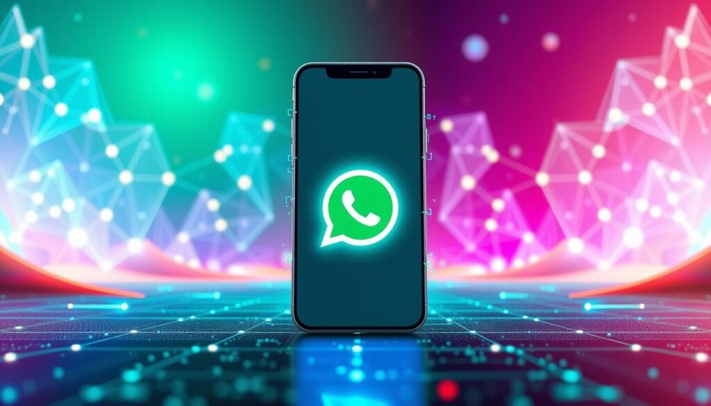 A vibrant, futuristic digital landscape depicting a "meta WhatsApp" concept. In the foreground, a sleek, minimalist mobile device displays the familiar WhatsApp logo, its interface subtly transformed with a modern, holographic aesthetic. The middle ground features a network of interconnected data streams, visualized as glowing lines and geometric shapes, hinting at the seamless integration of WhatsApp with cutting-edge technologies. In the background, a kaleidoscopic array of abstract, translucent shapes and gradients creates a sense of depth and technological sophistication, evoking the idea of a metaverse-like environment. The overall mood is one of innovation, connectivity, and the infinite possibilities of the digital realm.