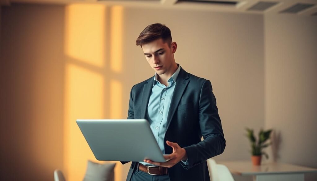 A young professional dressed in a smart casual outfit standing in a modern office, examining a laptop screen with a focused expression. The scene is bathed in warm, directional lighting that casts subtle shadows, creating a contemplative atmosphere. The background features a minimalist workspace with a clean, contemporary design, hinting at the technological nature of the subject matter. The overall composition conveys a sense of thoughtfulness and preparation for a job application in the field of information technology.