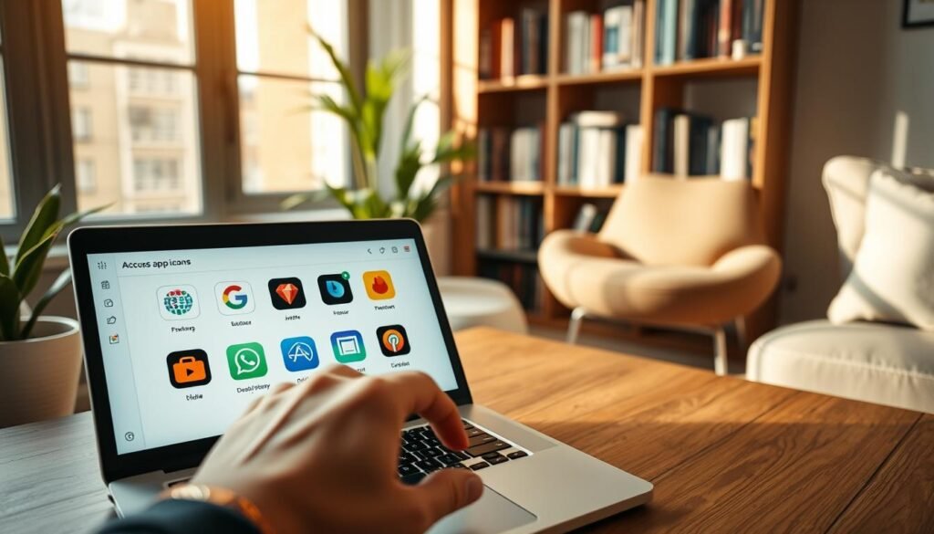 A cozy, modern workspace featuring a sleek laptop displaying a user interface for choosing app icons. In the foreground, a hand reaches out to select a colorful PNG icon for a popular mobile app, highlighting the customization process. The middle ground showcases additional app icons laid out in an aesthetically pleasing grid, each icon vibrant and distinct. The background features a softly blurred bookshelf filled with tech-related literature, adding to the professional atmosphere. Warm, natural lighting streams in from a nearby window, creating a relaxed yet focused mood. The angle is slightly overhead, providing a clear view of the screen and the user's selection process. The image should convey a sense of creativity and ease in personalizing technology. A cozy, modern workspace featuring a sleek laptop displaying a user interface for choosing app icons. In the foreground, a hand reaches out to select a colorful PNG icon for a popular mobile app, highlighting the customization process. The middle ground showcases additional app icons laid out in an aesthetically pleasing grid, each icon vibrant and distinct. The background features a softly blurred bookshelf filled with tech-related literature, adding to the professional atmosphere. Warm, natural lighting streams in from a nearby window, creating a relaxed yet focused mood. The angle is slightly overhead, providing a clear view of the screen and the user's selection process. The image should convey a sense of creativity and ease in personalizing technology.