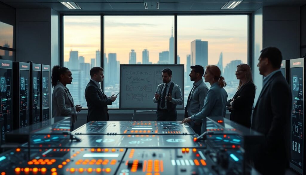 A futuristic laboratory setting showcasing the challenges of quantum computing implementation. In the foreground, a diverse group of professionals in business attire are engaged in deep discussion, with a whiteboard filled with complex equations and diagrams behind them. In the middle ground, advanced quantum computers with blinking lights and transparent screens displaying quantum algorithms illustrate cutting-edge technology. The background features a window revealing a city skyline bathed in soft, ambient lighting, suggesting progress and innovation at dusk. The overall mood conveys seriousness and determination, with a cool color palette emphasizing technology and intellect, all captured from a slightly elevated angle for a comprehensive view. A futuristic laboratory setting showcasing the challenges of quantum computing implementation. In the foreground, a diverse group of professionals in business attire are engaged in deep discussion, with a whiteboard filled with complex equations and diagrams behind them. In the middle ground, advanced quantum computers with blinking lights and transparent screens displaying quantum algorithms illustrate cutting-edge technology. The background features a window revealing a city skyline bathed in soft, ambient lighting, suggesting progress and innovation at dusk. The overall mood conveys seriousness and determination, with a cool color palette emphasizing technology and intellect, all captured from a slightly elevated angle for a comprehensive view.