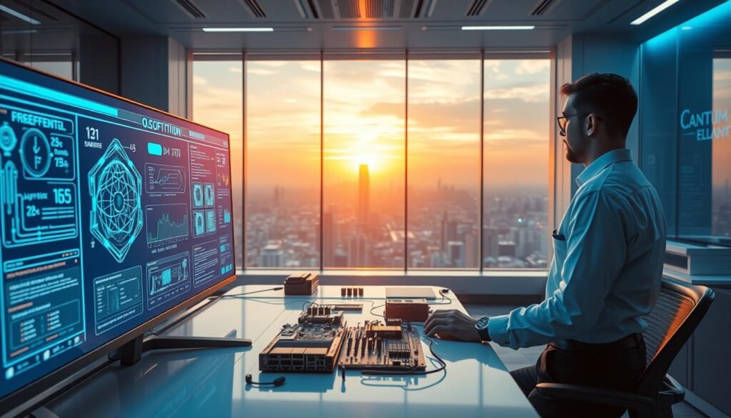 A futuristic software platform designed for quantum computing, depicted in a sleek, high-tech workspace. In the foreground, a large interactive display shows intricate quantum algorithms and complex graphical interfaces, with a user in professional attire engaged with the technology. The middle ground features a modern desk cluttered with hardware components and visualizations of quantum states. In the background, a panoramic window reveals a cityscape with a vibrant sunset, casting a warm glow into the room. Soft, ambient lighting highlights the advanced equipment, creating a focused and innovative atmosphere. The scene conveys the cutting-edge nature of quantum computing software and its potential for biomedical applications. A futuristic software platform designed for quantum computing, depicted in a sleek, high-tech workspace. In the foreground, a large interactive display shows intricate quantum algorithms and complex graphical interfaces, with a user in professional attire engaged with the technology. The middle ground features a modern desk cluttered with hardware components and visualizations of quantum states. In the background, a panoramic window reveals a cityscape with a vibrant sunset, casting a warm glow into the room. Soft, ambient lighting highlights the advanced equipment, creating a focused and innovative atmosphere. The scene conveys the cutting-edge nature of quantum computing software and its potential for biomedical applications.