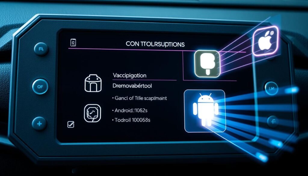 A high-tech control panel with an intuitive display showcasing the essential requirements for a smartphone's driving mode. The panel features sleek, minimalist icons and a clean, monochromatic color scheme, conveying a sense of advanced technology and functionality. Vibrant holographic projections emanate from the device, highlighting the key system specifications and compatibility with specific Android versions. The composition is bathed in a soft, diffused lighting, creating a modern, futuristic atmosphere that complements the technical subject matter. A high-tech control panel with an intuitive display showcasing the essential requirements for a smartphone's driving mode. The panel features sleek, minimalist icons and a clean, monochromatic color scheme, conveying a sense of advanced technology and functionality. Vibrant holographic projections emanate from the device, highlighting the key system specifications and compatibility with specific Android versions. The composition is bathed in a soft, diffused lighting, creating a modern, futuristic atmosphere that complements the technical subject matter.