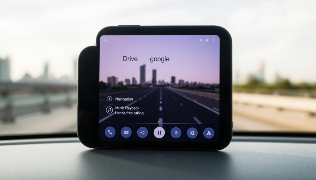 A modern android smartphone screen displaying the driving mode interface with clear, simple controls. The screen is set against a blurred, urban background with a city skyline in the distance. The lighting is soft and natural, creating a calming, unobtrusive atmosphere. The interface features large, intuitive icons for adjusting driving settings such as navigation, music playback, and hands-free calling. The overall design is minimalist and user-friendly, reflecting the need for distraction-free driving. A modern android smartphone screen displaying the driving mode interface with clear, simple controls. The screen is set against a blurred, urban background with a city skyline in the distance. The lighting is soft and natural, creating a calming, unobtrusive atmosphere. The interface features large, intuitive icons for adjusting driving settings such as navigation, music playback, and hands-free calling. The overall design is minimalist and user-friendly, reflecting the need for distraction-free driving.