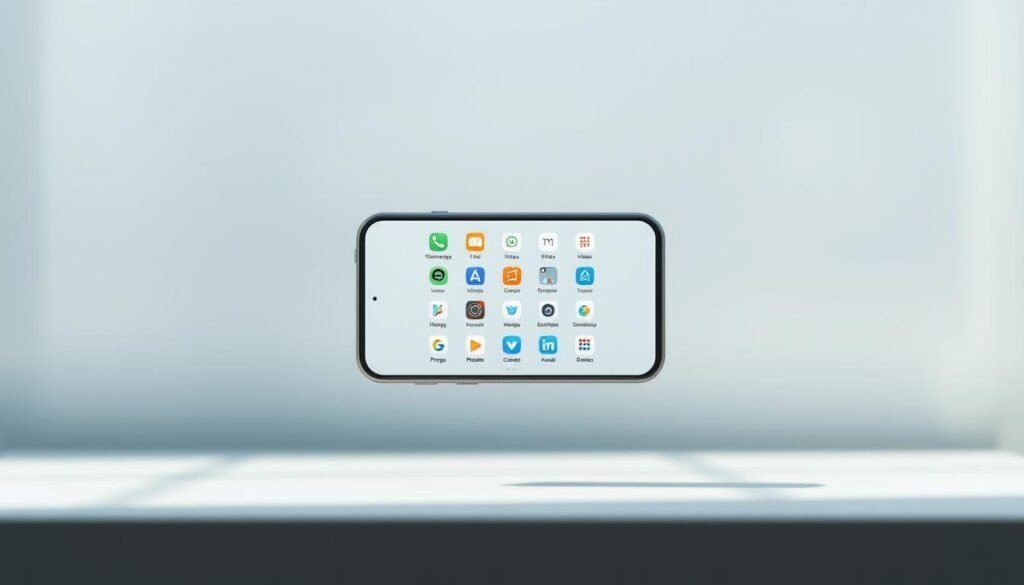 A modern, sleek app drawer interface floating against a blurred, minimalist background. Crisp icons arranged in a clean grid layout, casting subtle shadows. The drawer seems to emerge from the center, with a soft glow accentuating its depth and perspective. Lighting is natural and diffused, creating a sense of depth and clarity. Camera angle is slightly elevated, giving an intuitive overview of the drawer's organization and navigation. The overall aesthetic is refined, uncluttered, and distinctly smartphone-inspired, reflecting a premium user experience. A modern, sleek app drawer interface floating against a blurred, minimalist background. Crisp icons arranged in a clean grid layout, casting subtle shadows. The drawer seems to emerge from the center, with a soft glow accentuating its depth and perspective. Lighting is natural and diffused, creating a sense of depth and clarity. Camera angle is slightly elevated, giving an intuitive overview of the drawer's organization and navigation. The overall aesthetic is refined, uncluttered, and distinctly smartphone-inspired, reflecting a premium user experience.