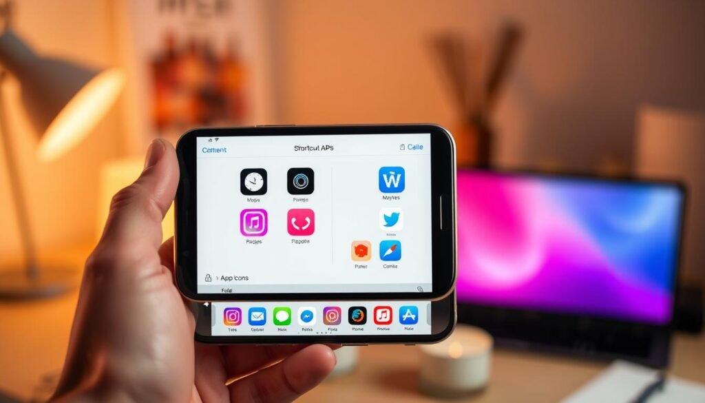 A visually striking digital illustration of an iOS shortcut configuration screen, showcasing different app icons being customized. In the foreground, display a user’s hand holding an iPhone, with the screen prominently featuring vibrant, redesigned app icons displayed on a clean, organized home screen. In the middle ground, show smaller thumbnails of the original and customized icons in a grid format, visually demonstrating the transformation. The background should be softly blurred, hinting at a cozy workspace with warm lighting that creates an inviting atmosphere. Use a shallow depth of field to keep the focus on the phone and icons, enhancing clarity while maintaining a modern, tech-savvy mood. A visually striking digital illustration of an iOS shortcut configuration screen, showcasing different app icons being customized. In the foreground, display a user’s hand holding an iPhone, with the screen prominently featuring vibrant, redesigned app icons displayed on a clean, organized home screen. In the middle ground, show smaller thumbnails of the original and customized icons in a grid format, visually demonstrating the transformation. The background should be softly blurred, hinting at a cozy workspace with warm lighting that creates an inviting atmosphere. Use a shallow depth of field to keep the focus on the phone and icons, enhancing clarity while maintaining a modern, tech-savvy mood.