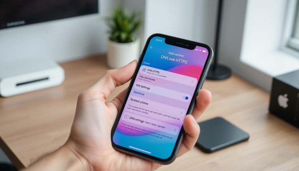 A close-up shot of an iPhone screen displaying the DNS over HTTPS settings, featuring a clear and organized user interface. The phone is held in a modern hand, showcasing a neutral yet professional background, such as a sleek wooden desk with a subtle plant in the corner. Soft, diffused lighting illuminates the scene, creating a calm and tech-savvy atmosphere. The iPhone screen is vibrant, highlighting the specific toggle for DNS settings, with the surrounding area blurred to emphasize the device. The overall mood conveys a sense of security and technological sophistication, appealing to gamers looking to protect their data. A close-up shot of an iPhone screen displaying the DNS over HTTPS settings, featuring a clear and organized user interface. The phone is held in a modern hand, showcasing a neutral yet professional background, such as a sleek wooden desk with a subtle plant in the corner. Soft, diffused lighting illuminates the scene, creating a calm and tech-savvy atmosphere. The iPhone screen is vibrant, highlighting the specific toggle for DNS settings, with the surrounding area blurred to emphasize the device. The overall mood conveys a sense of security and technological sophistication, appealing to gamers looking to protect their data.