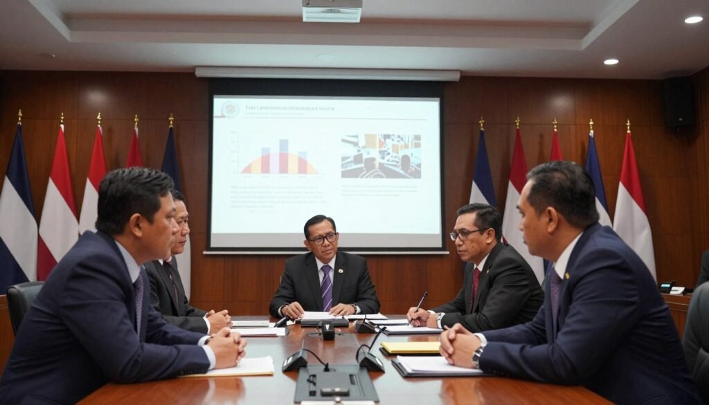 A detailed scene capturing the essence of Komisi III DPR in a formal meeting room with wooden panels and a long conference table. The foreground features three professional individuals in business attire, engaged in an intense discussion, highlighting a sense of urgency and seriousness regarding a political issue. In the middle, a large projector screen displays graphs and images related to the Tom Lembong case, symbolizing the investigative focus. The background is filled with flags and official documents, adding to the political ambiance. Soft overhead lighting casts a formal glow, while a low-angle shot emphasizes the importance of the setting. The mood should reflect a mixture of tension and determination, with an air of significant public scrutiny. A detailed scene capturing the essence of Komisi III DPR in a formal meeting room with wooden panels and a long conference table. The foreground features three professional individuals in business attire, engaged in an intense discussion, highlighting a sense of urgency and seriousness regarding a political issue. In the middle, a large projector screen displays graphs and images related to the Tom Lembong case, symbolizing the investigative focus. The background is filled with flags and official documents, adding to the political ambiance. Soft overhead lighting casts a formal glow, while a low-angle shot emphasizes the importance of the setting. The mood should reflect a mixture of tension and determination, with an air of significant public scrutiny.