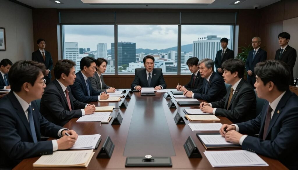 A dramatic political scene set in a South Korean government building, showcasing a tense atmosphere of political vengeance. In the foreground, a diverse group of politicians in professional business attire are engaged in heated discussions, their expressions reflecting determination and conflict. The middle ground features a large, imposing conference table littered with documents and policies, symbolizing the intricacies of political maneuvering. In the background, large windows reveal a cityscape of Seoul, with a cloudy sky conveying a tense mood. The lighting is dim and moody, casting shadows that emphasize the gravity of the situation, while a wide-angle lens captures the intensity of the political drama unfolding. A dramatic political scene set in a South Korean government building, showcasing a tense atmosphere of political vengeance. In the foreground, a diverse group of politicians in professional business attire are engaged in heated discussions, their expressions reflecting determination and conflict. The middle ground features a large, imposing conference table littered with documents and policies, symbolizing the intricacies of political maneuvering. In the background, large windows reveal a cityscape of Seoul, with a cloudy sky conveying a tense mood. The lighting is dim and moody, casting shadows that emphasize the gravity of the situation, while a wide-angle lens captures the intensity of the political drama unfolding.