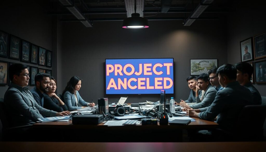 A dramatic scene depicting a gaming studio's meeting room in disarray, capturing the tension of a project cancellation. In the foreground, a professional team of diverse individuals in business attire, showing expressions of disappointment and frustration, are gathered around a conference table cluttered with game concept artwork and budget spreadsheets. The middle ground features a large digital screen displaying the words "Project Canceled" in bold red letters, symbolizing the abrupt end. The background reveals dimmed lighting with shadows, emphasizing the somber atmosphere, while framed gaming awards and unfinished projects line the walls. The camera angle is slightly tilted, creating a sense of chaos and urgency, while a single overhead light casts dramatic shadows, enhancing the mood of uncertainty in the gaming industry landscape. A dramatic scene depicting a gaming studio's meeting room in disarray, capturing the tension of a project cancellation. In the foreground, a professional team of diverse individuals in business attire, showing expressions of disappointment and frustration, are gathered around a conference table cluttered with game concept artwork and budget spreadsheets. The middle ground features a large digital screen displaying the words "Project Canceled" in bold red letters, symbolizing the abrupt end. The background reveals dimmed lighting with shadows, emphasizing the somber atmosphere, while framed gaming awards and unfinished projects line the walls. The camera angle is slightly tilted, creating a sense of chaos and urgency, while a single overhead light casts dramatic shadows, enhancing the mood of uncertainty in the gaming industry landscape.