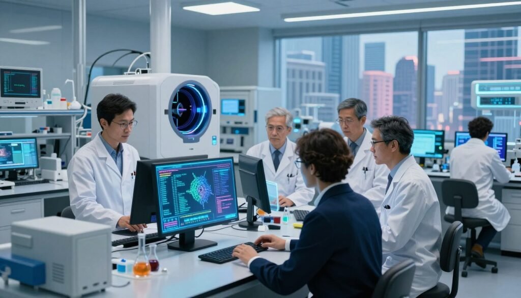 A futuristic laboratory scene focused on Alzheimer’s treatment strategies. In the foreground, a diverse group of scientists in professional business attire collaborates around a high-tech workstation, analyzing genetic data on holographic displays. The middle ground features a sleek, modern lab equipped with advanced CRISPR technology and interactive AI interfaces. The background showcases large windows revealing a vibrant cityscape, promoting an atmosphere of innovation and hope. Soft, ambient lighting illuminates the laboratory, highlighting the intense concentration of the scientists. The mood conveys optimism and determination, emphasizing the breakthrough potential in Alzheimer’s research. A futuristic laboratory scene focused on Alzheimer’s treatment strategies. In the foreground, a diverse group of scientists in professional business attire collaborates around a high-tech workstation, analyzing genetic data on holographic displays. The middle ground features a sleek, modern lab equipped with advanced CRISPR technology and interactive AI interfaces. The background showcases large windows revealing a vibrant cityscape, promoting an atmosphere of innovation and hope. Soft, ambient lighting illuminates the laboratory, highlighting the intense concentration of the scientists. The mood conveys optimism and determination, emphasizing the breakthrough potential in Alzheimer’s research.