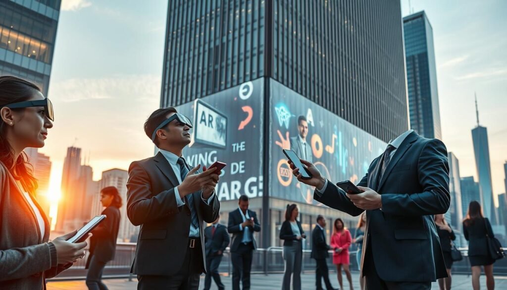 A futuristic urban setting showcasing the diverse applications of Augmented Reality in everyday life. In the foreground, a diverse group of people, dressed in professional business attire, interact with AR devices, such as smart glasses and mobile apps, overlaying virtual information onto their real environment. One person is immersed in a virtual shopping experience, while another is using AR for navigation. The middle ground features an interactive AR advertisement displayed on a building’s façade, blending seamlessly with the architecture. The background reveals a vibrant city skyline, bathed in soft, warm lighting during golden hour, creating an inviting and optimistic atmosphere. The scene captures the innovative potential of AR technology across various fields, emphasizing connectivity and engagement. A futuristic urban setting showcasing the diverse applications of Augmented Reality in everyday life. In the foreground, a diverse group of people, dressed in professional business attire, interact with AR devices, such as smart glasses and mobile apps, overlaying virtual information onto their real environment. One person is immersed in a virtual shopping experience, while another is using AR for navigation. The middle ground features an interactive AR advertisement displayed on a building’s façade, blending seamlessly with the architecture. The background reveals a vibrant city skyline, bathed in soft, warm lighting during golden hour, creating an inviting and optimistic atmosphere. The scene captures the innovative potential of AR technology across various fields, emphasizing connectivity and engagement.