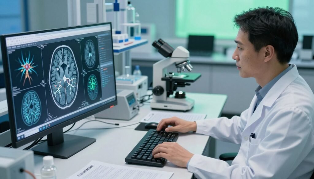 A professional researcher is seated at a modern workstation, analyzing intricate brain scan images that highlight Alzheimer's disease patterns. The foreground showcases a large computer screen displaying data visualizations and a digital model of neuronic pathways. In the middle, a sleek desk is littered with research papers, a microscope, and lab equipment, creating a sense of active investigation. In the background, soft blue and green lighting creates a calm atmosphere, symbolizing hope and innovation in Alzheimer's research. The scene captures a moment of focus and determination in a clean, organized lab environment, emphasizing the advancements brought about by cutting-edge technologies like CRISPR. The composition is shot from a slightly elevated angle, drawing the viewer's eye to the screen and the researcher's engaged expression, inviting contemplation of the ethical dilemmas involved. A professional researcher is seated at a modern workstation, analyzing intricate brain scan images that highlight Alzheimer's disease patterns. The foreground showcases a large computer screen displaying data visualizations and a digital model of neuronic pathways. In the middle, a sleek desk is littered with research papers, a microscope, and lab equipment, creating a sense of active investigation. In the background, soft blue and green lighting creates a calm atmosphere, symbolizing hope and innovation in Alzheimer's research. The scene captures a moment of focus and determination in a clean, organized lab environment, emphasizing the advancements brought about by cutting-edge technologies like CRISPR. The composition is shot from a slightly elevated angle, drawing the viewer's eye to the screen and the researcher's engaged expression, inviting contemplation of the ethical dilemmas involved.