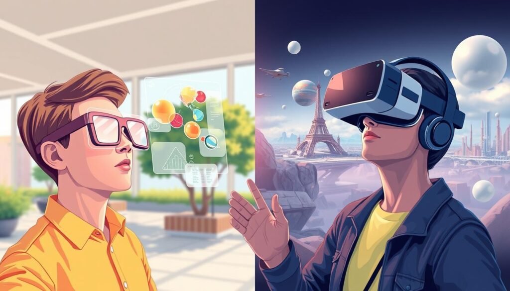 A split-screen illustration showcasing the differences between Augmented Reality (AR) and Virtual Reality (VR). On the left, depict a person wearing AR glasses, interacting with vibrant, overlaying digital elements like 3D models and information displays in a realistic environment, such as a modern office or park. Bright, natural lighting highlights the user's engagement with the digital interface. On the right, show a person immersed in VR, wearing a headset in a fantastical digital landscape, surrounded by immersive graphics like floating islands and futuristic structures, depicted in a darker, more surreal atmosphere. Use a wide-angle lens to capture both scenes, emphasizing the contrast between the two technologies, with a balanced color palette that reflects innovation and exploration. A split-screen illustration showcasing the differences between Augmented Reality (AR) and Virtual Reality (VR). On the left, depict a person wearing AR glasses, interacting with vibrant, overlaying digital elements like 3D models and information displays in a realistic environment, such as a modern office or park. Bright, natural lighting highlights the user's engagement with the digital interface. On the right, show a person immersed in VR, wearing a headset in a fantastical digital landscape, surrounded by immersive graphics like floating islands and futuristic structures, depicted in a darker, more surreal atmosphere. Use a wide-angle lens to capture both scenes, emphasizing the contrast between the two technologies, with a balanced color palette that reflects innovation and exploration.