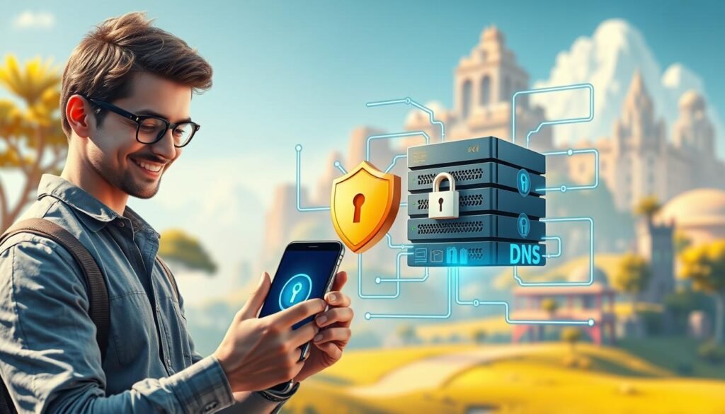 A visually engaging digital artwork depicting a conceptual scene illustrating the relationship between DNS and gaming account security. In the foreground, a friendly, professional-looking gamer in casual attire engages with a sleek iPhone displaying a secure connection symbol. The middle ground features a stylized representation of a secure DNS server, surrounded by layers of data streams and locks, emphasizing cybersecurity. The background contains a vibrant gaming landscape, blending elements of fantasy and technology, bathed in a warm golden light for an inviting atmosphere. Use a wide-angle lens perspective to accentuate depth, with soft focus on the background to draw attention to the important foreground details. The overall mood should be informative and reassuring, conveying the importance of secure gaming practices. A visually engaging digital artwork depicting a conceptual scene illustrating the relationship between DNS and gaming account security. In the foreground, a friendly, professional-looking gamer in casual attire engages with a sleek iPhone displaying a secure connection symbol. The middle ground features a stylized representation of a secure DNS server, surrounded by layers of data streams and locks, emphasizing cybersecurity. The background contains a vibrant gaming landscape, blending elements of fantasy and technology, bathed in a warm golden light for an inviting atmosphere. Use a wide-angle lens perspective to accentuate depth, with soft focus on the background to draw attention to the important foreground details. The overall mood should be informative and reassuring, conveying the importance of secure gaming practices.
