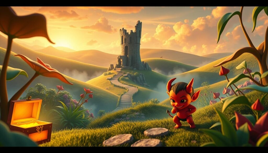 A whimsical, stylized scene inspired by "Little Devil Inside," featuring a small, mischievous devil character exploring a lush, fantastical landscape filled with oversized plants and surreal objects. In the foreground, the devil character, with vibrant red skin and playful horns, examines a glowing treasure chest, a look of curiosity on his face. The middle ground showcases a winding path leading to an ancient, crumbling stone tower, partially shrouded in mist. In the background, rolling hills and a colorful sky create a dreamlike atmosphere, enhanced by warm, golden sunlight filtering through the clouds. Use a wide-angle lens viewpoint to emphasize the expansive, enchanting environment, capturing a sense of adventure and anticipation. The overall mood should be playful yet slightly mysterious, inviting viewers to ponder the journey ahead. A whimsical, stylized scene inspired by "Little Devil Inside," featuring a small, mischievous devil character exploring a lush, fantastical landscape filled with oversized plants and surreal objects. In the foreground, the devil character, with vibrant red skin and playful horns, examines a glowing treasure chest, a look of curiosity on his face. The middle ground showcases a winding path leading to an ancient, crumbling stone tower, partially shrouded in mist. In the background, rolling hills and a colorful sky create a dreamlike atmosphere, enhanced by warm, golden sunlight filtering through the clouds. Use a wide-angle lens viewpoint to emphasize the expansive, enchanting environment, capturing a sense of adventure and anticipation. The overall mood should be playful yet slightly mysterious, inviting viewers to ponder the journey ahead.