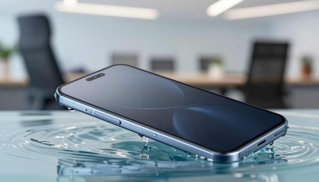 A close-up view of a smartphone partially submerged in clear water, highlighting its water-resistant features. The screen displays subtle scratches, emphasizing durability against wear and tear. In the foreground, include droplets of water cascading off the edges while the background showcases a blurred office environment, with soft lighting that adds a professional atmosphere. The smartphone is angled slightly to reveal both the screen and the sleek design, implied to be the Infinix Note 40 Pro+ or Redmi Note 14 Pro. The mood is high-tech and resilient, evoking a sense of reliability for work-from-home scenarios.