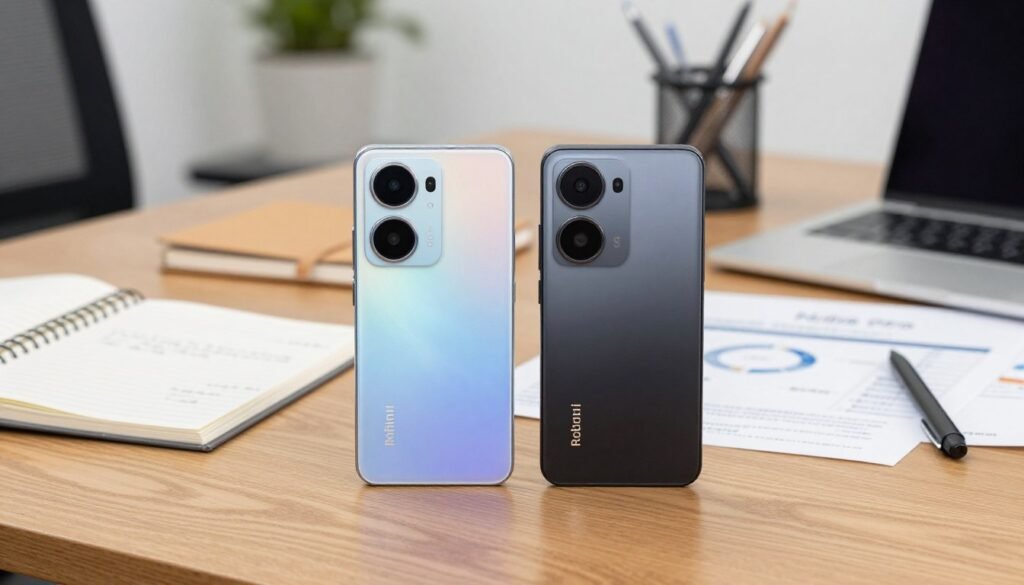 A dynamic side-by-side comparison of two modern smartphones, the Infinix Note 40 Pro+ and Redmi Note 14 Pro, positioned on a sleek wooden desk. The foreground features both phones prominently, with their camera setups clearly visible. The middle ground contains various work documentation materials such as notebooks, a laptop, and office supplies, creating a professional atmosphere. In the background, a blurred office setting with soft, natural lighting illuminates the scene, emphasizing productivity. Capture the essence of a workspace ready for documentation, focusing on clarity and detail in the smartphone cameras. The overall mood should convey professionalism, innovation, and readiness for mobile documentation tasks.