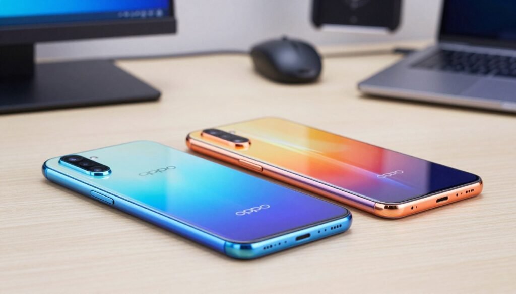 A high-resolution comparison image illustrating the design and durability of two smartphones, the OPPO A58 and A78. The foreground features two sleek smartphones side-by-side, showing their unique designs with vibrant color options, glossy finishes, and distinct camera placements. In the middle ground, a subtle split showcases materials used in both devices, highlighting metal and glass elements and their tactile differences. The background includes a blurred workstation with professional lighting to convey a modern and technological atmosphere. The scene is captured from a slight top-down angle, emphasizing the smartphones' profiles while ensuring a clean and polished look. Soft, natural lighting creates an inviting mood, enhancing the fine details of the devices without distractions.